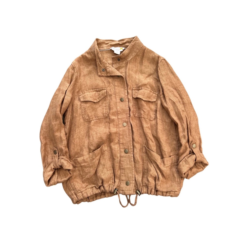 C&C California 100% Linen Utility Jacket Cognac Brown Snap Front Small
